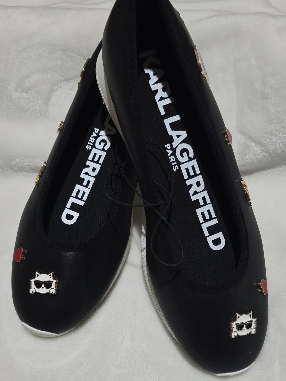 Karl Lagerfeld Black Ballet Flats with White Sole and Cat Charms